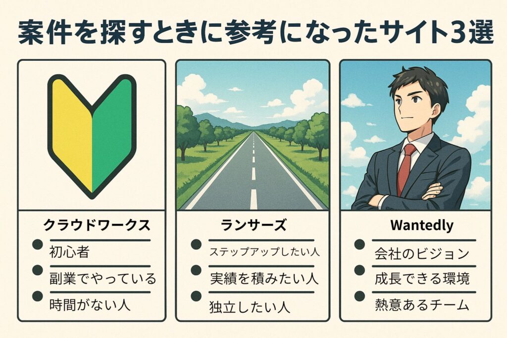 初心者マーク、道、スーツの人のイラストと案件を探す時参考になったサイトの図解