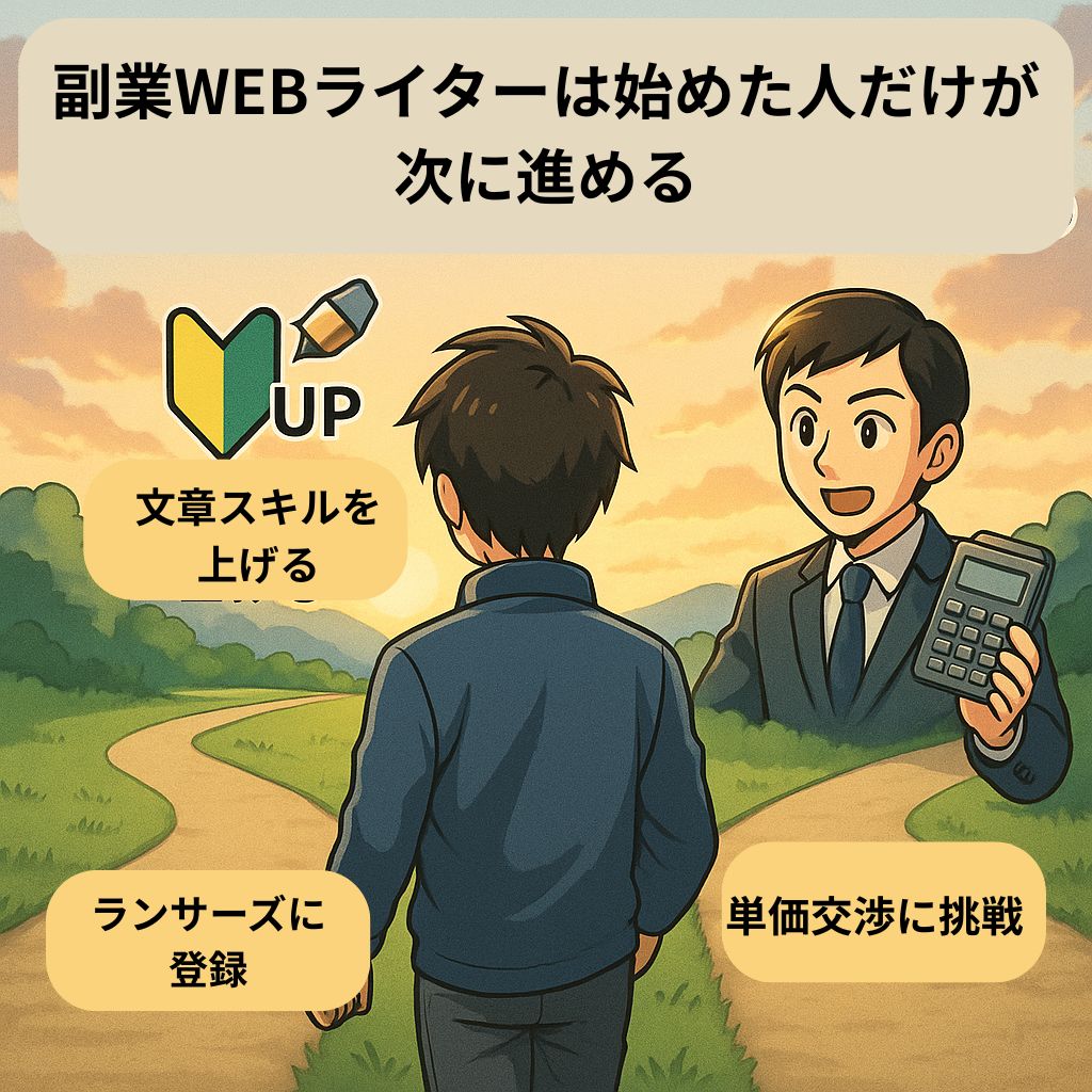 初心者マークに鉛筆、後ろ向きの男性、電卓を持った男性、背景は夕焼け、この記事のまとめ画像