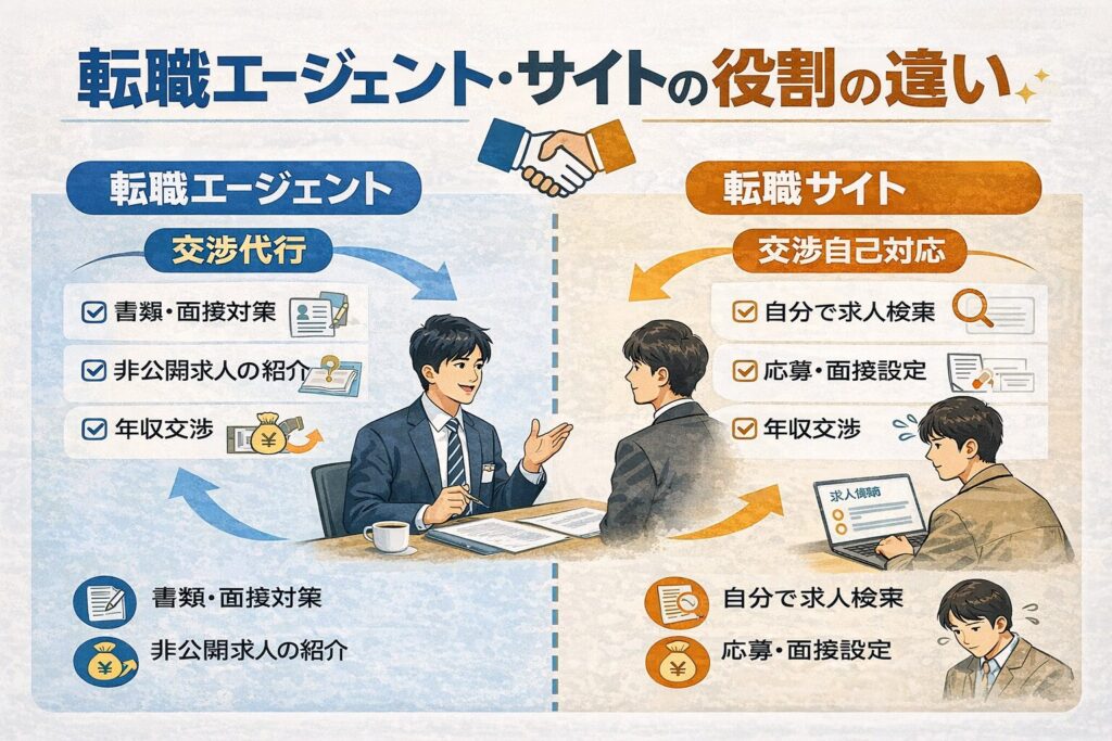 転職エージェントと転職サイトの違いの図解