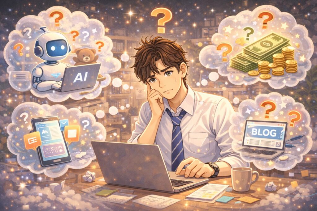 AIブログについて考えている人のイラスト