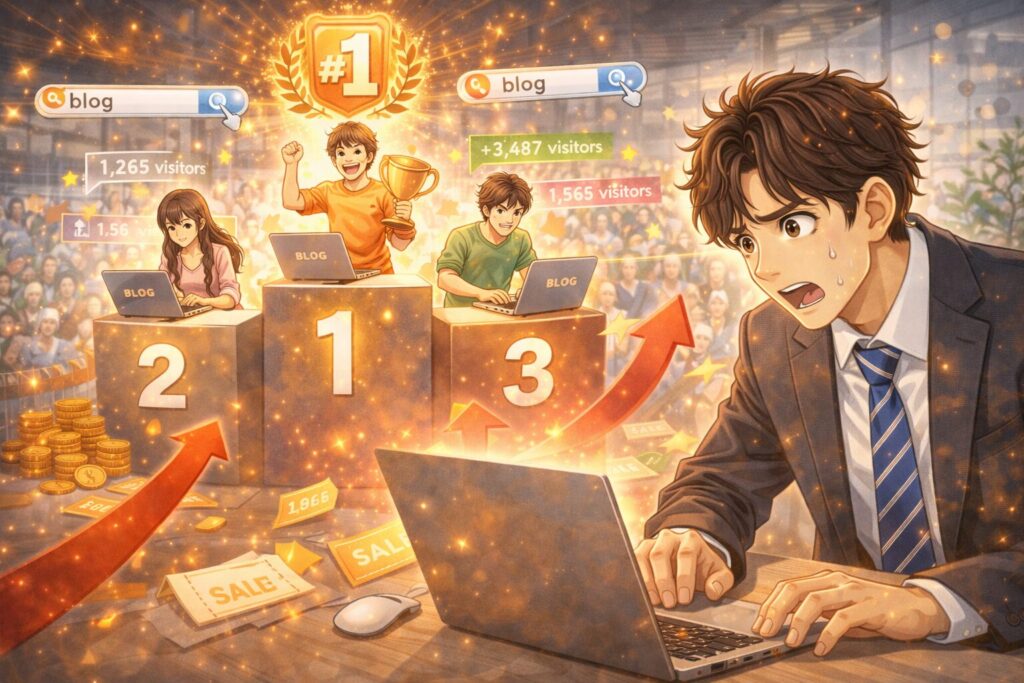 競争が激しいブログ社会で戦う人のイラスト