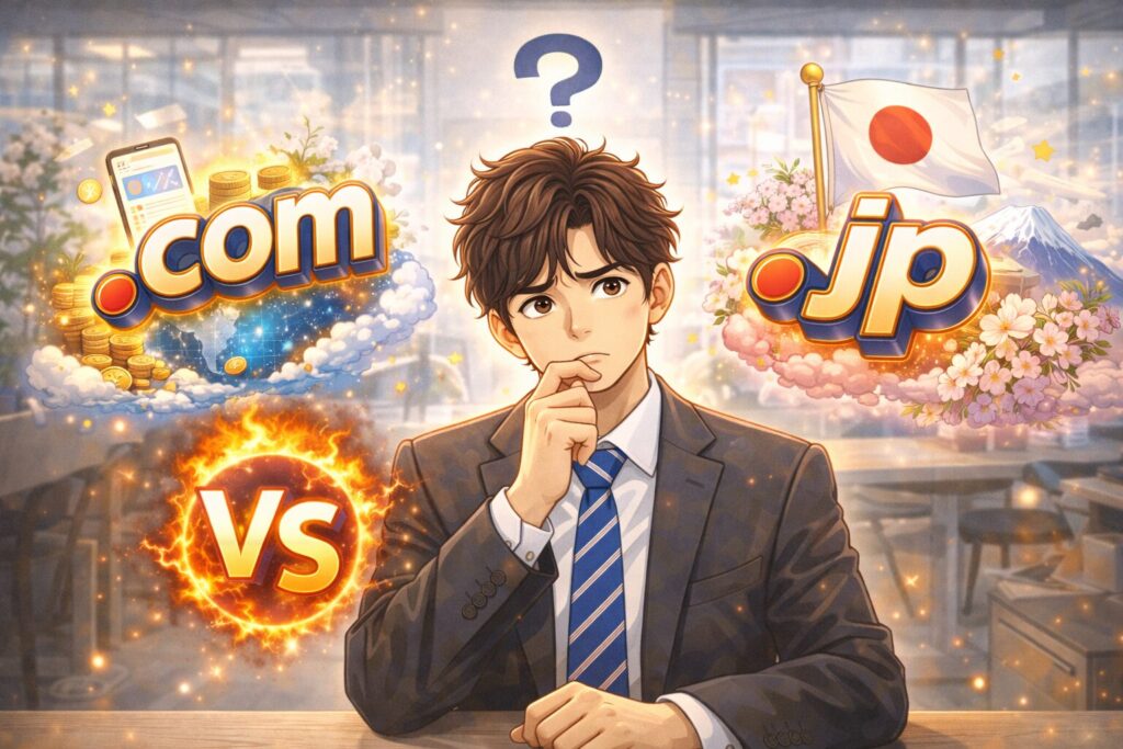 .comと.jpで悩んでいる人のイラスト