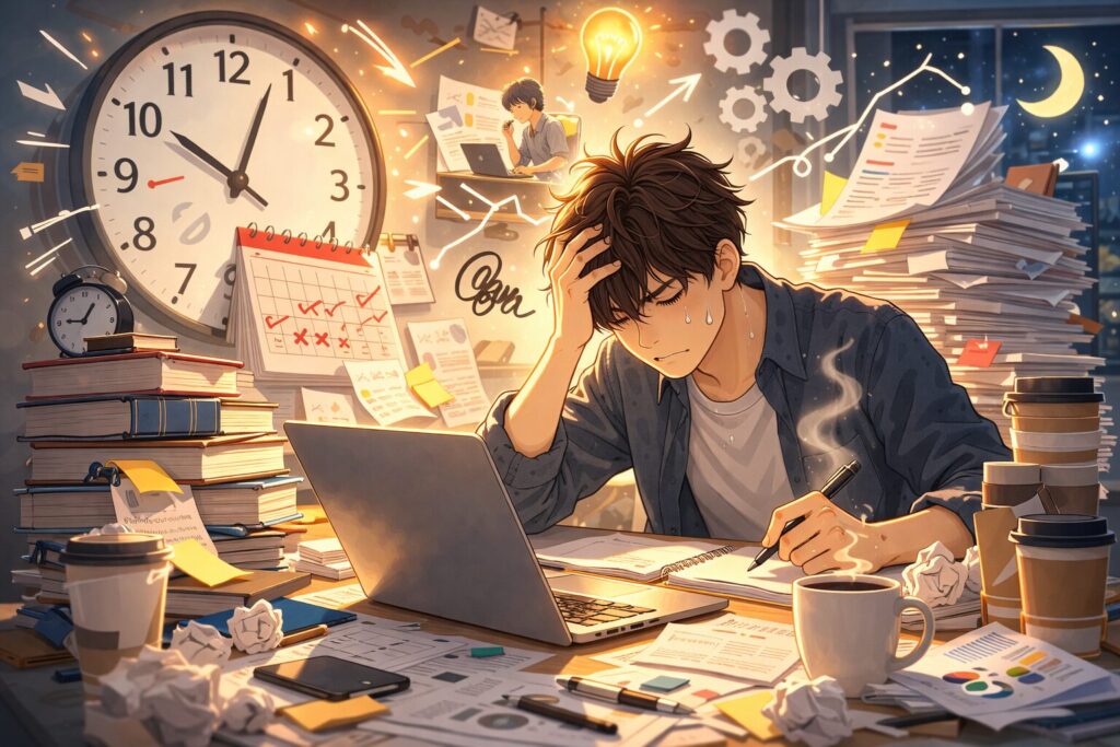 ブログ作成に時間と労力を費やしている人のイラスト