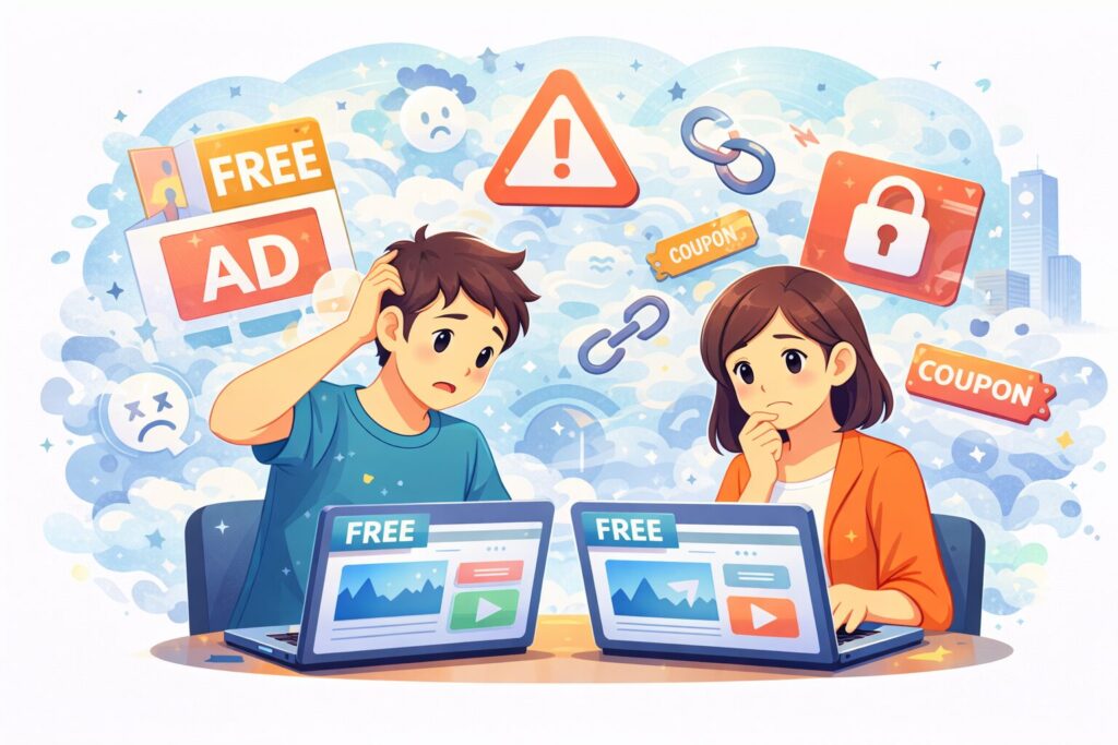 無料テンプレートで悩む二人の画像