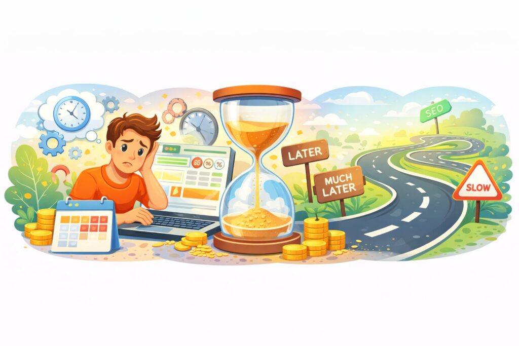 時間に追われる若者と砂時計