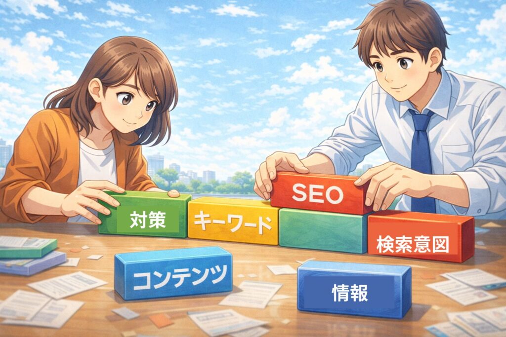SEOキーワードを順番に並べているイラスト