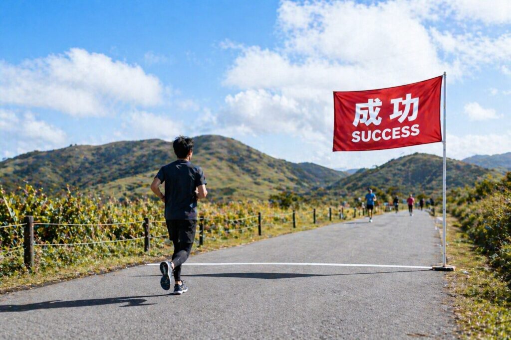 マラソンで、成功の旗が立っている