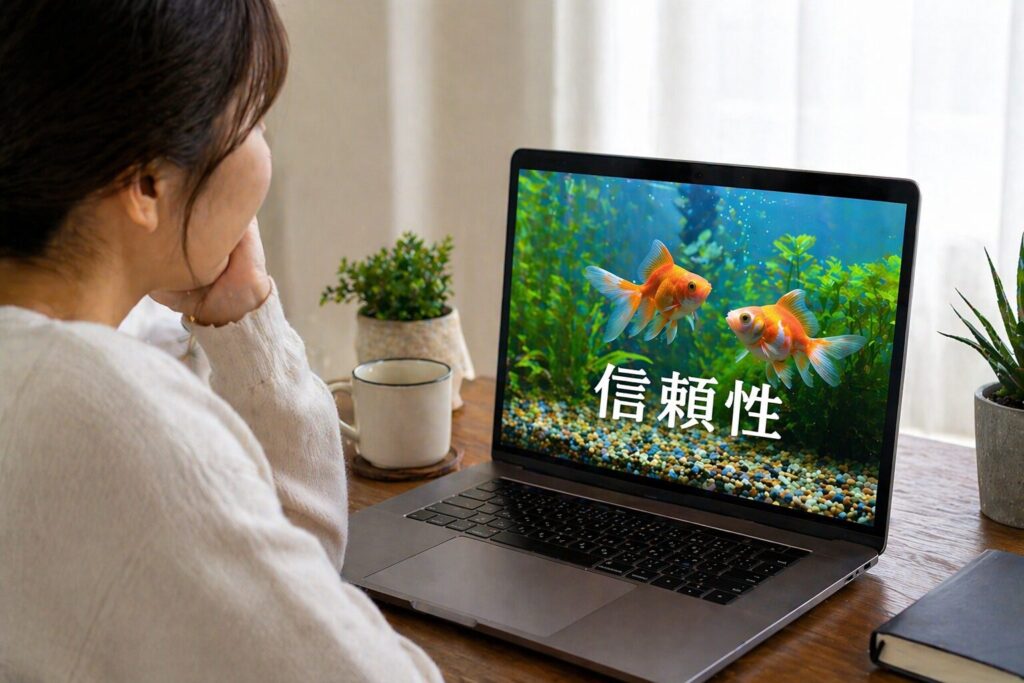 パソコンに映った金魚と、信頼性の文字