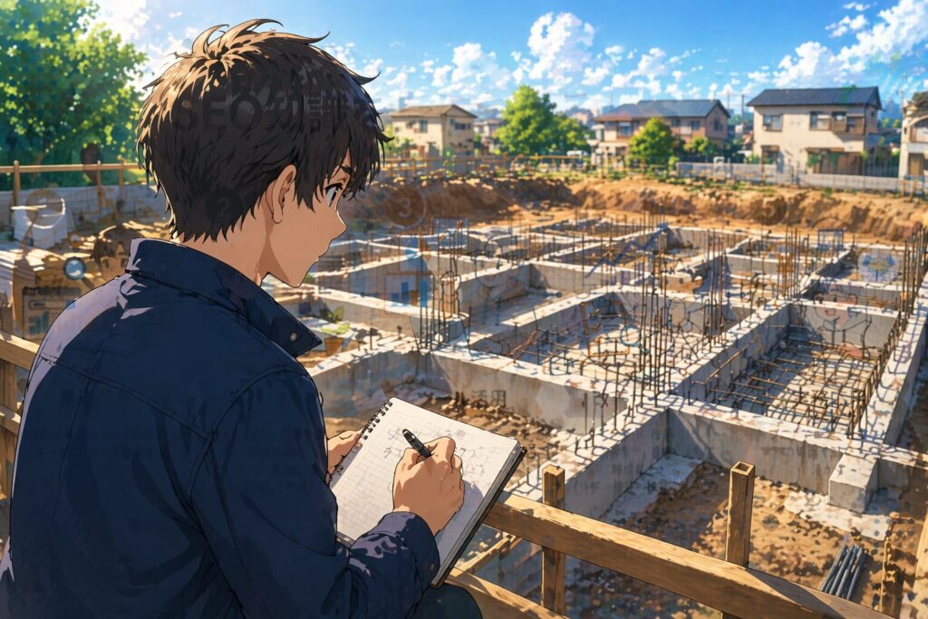 土台をメモしている人