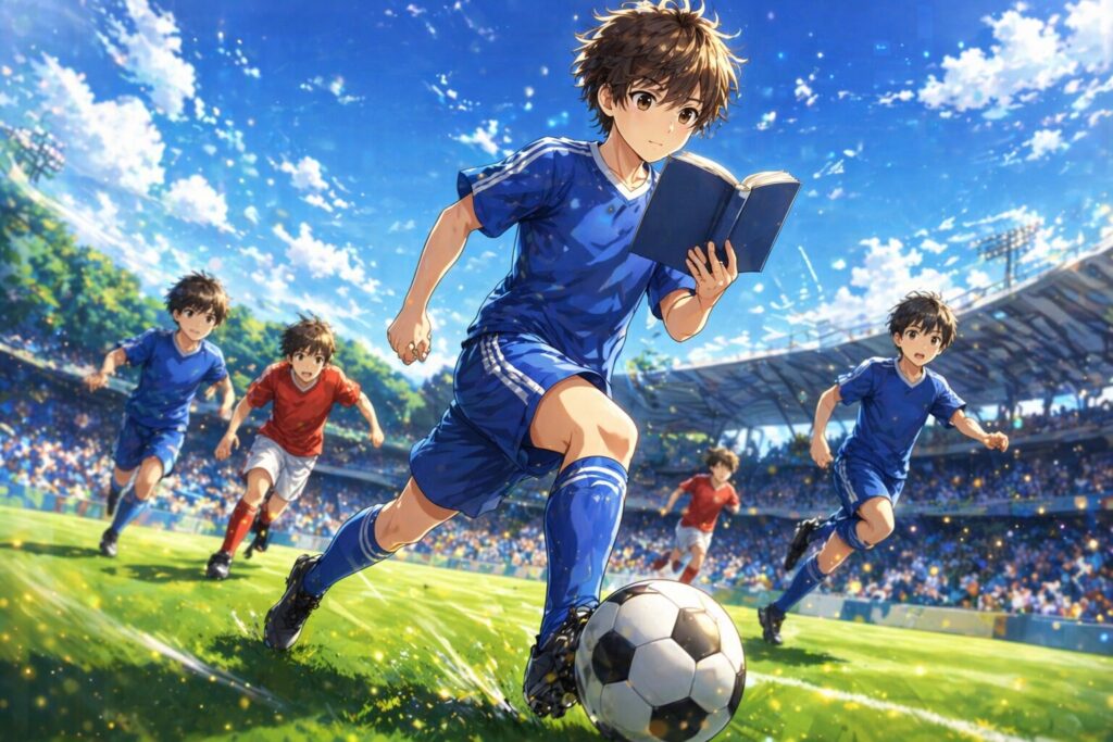 本を読みながらサッカー。