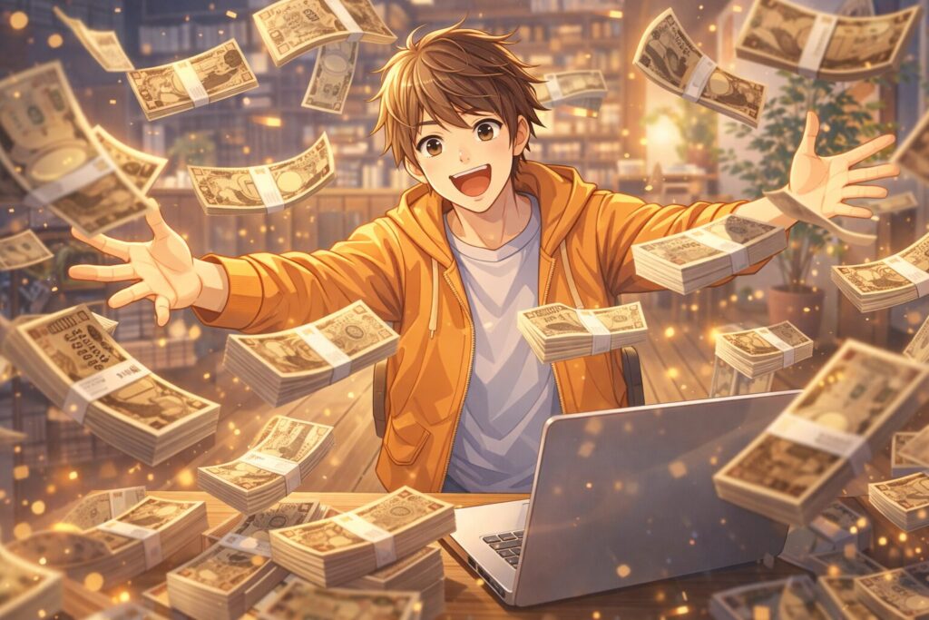 パソコンを前に札束をばらまいている人