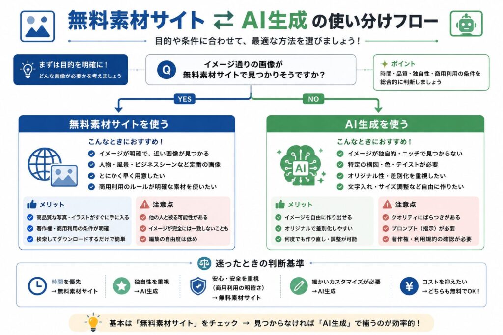 無料素材サイトとAI生成の使い分けについての図解