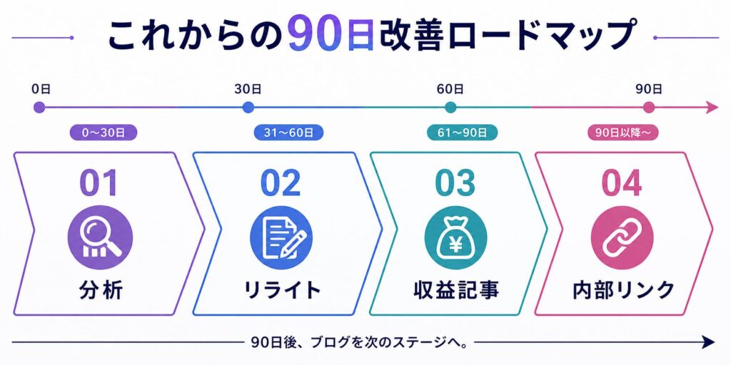 これからの90日改善ロードマップ(分析→リライト→収益記事→内部リンク)のタイムライン図
