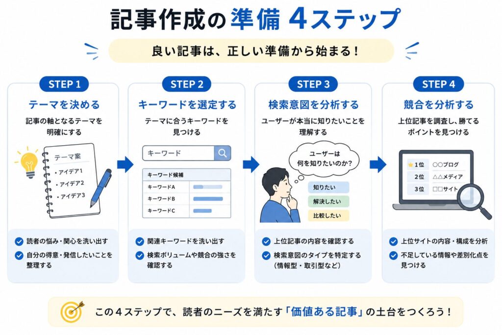 記事作成の準備4ステップの図解
